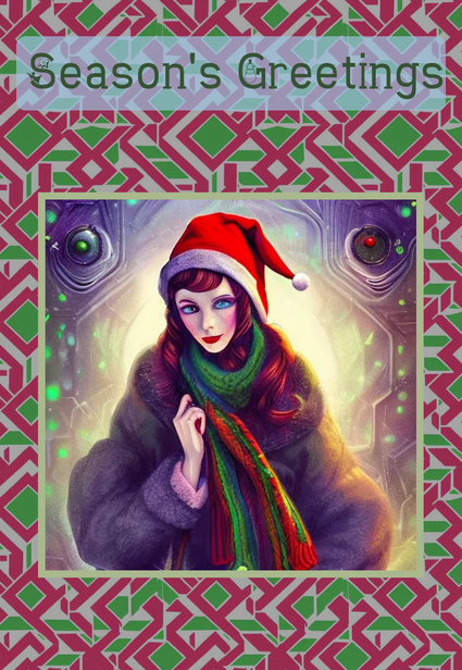 AI art Christmas card with a girl in Christmas attire looking at the viewer