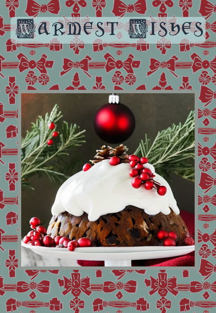 AI art Christmas card with a photorealistic Christmas pudding adorned with holly and berries