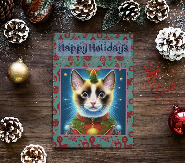 Mockup of an AI-generated Christmas card with a cute colorful kitten