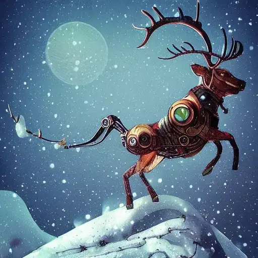 AI art Christmas card image showing a robot flying reindeer silhouetted against the night sky