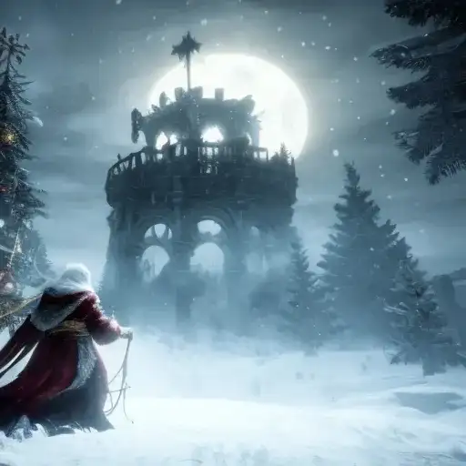 AI art Christmas card with Santa battling through the snow